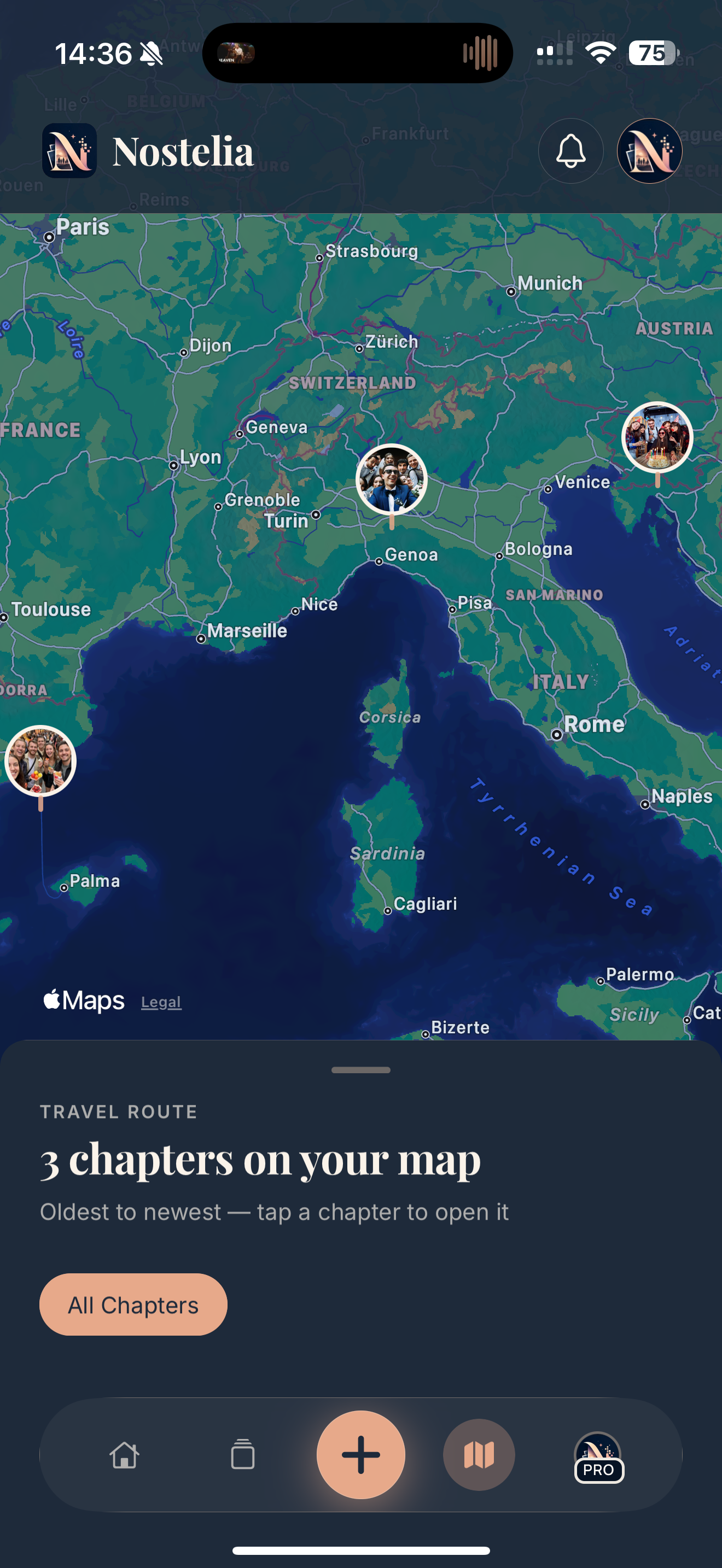 Nostelia Journey map with chapter pins